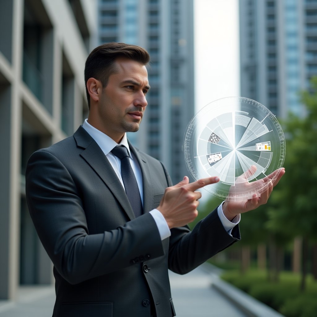 Ultra-realistic condominium manager in a charcoal gray executive suit, set in a modern luxury condominium environment with high-rise buildings and immaculately landscaped greenery, holding a semi-transparent holographic pie chart representing unit fractions, pointing thoughtfully at one segment to illustrate cost allocation, subtle holographic icons of buildings and coins floating nearby, confident and analytical expression, cinematic lighting, shallow depth of field, highly detailed textures, realistic skin, photographic realism, 8k resolution --ar 1:1 --v 6