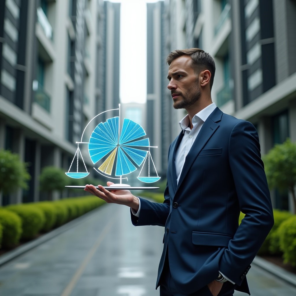Ultra-realistic condominium manager in a tailored navy blue suit, set in a modern luxury condominium environment with high-rise buildings and manicured green landscaping, confidently analyzing a holographic pie chart of fractional ownership and expense division, symbolic scales of justice floating beside him, cinematic lighting, shallow depth of field, highly detailed textures, realistic skin, photographic realism, 8k resolution --ar 1:1 --v 6