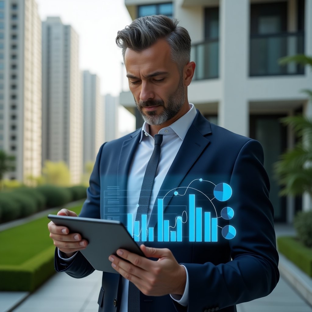 (Ultra-realistic condominium manager in a navy blue suit, set in a modern luxury condominium environment with high-rise buildings and manicured green landscaping, analyzing financial reports on a tablet with floating holographic pie charts and bar graphs, confident and focused expression, cinematic lighting, shallow depth of field, highly detailed textures, realistic skin, photographic realism, 8k resolution --ar 1:1 --v 6)