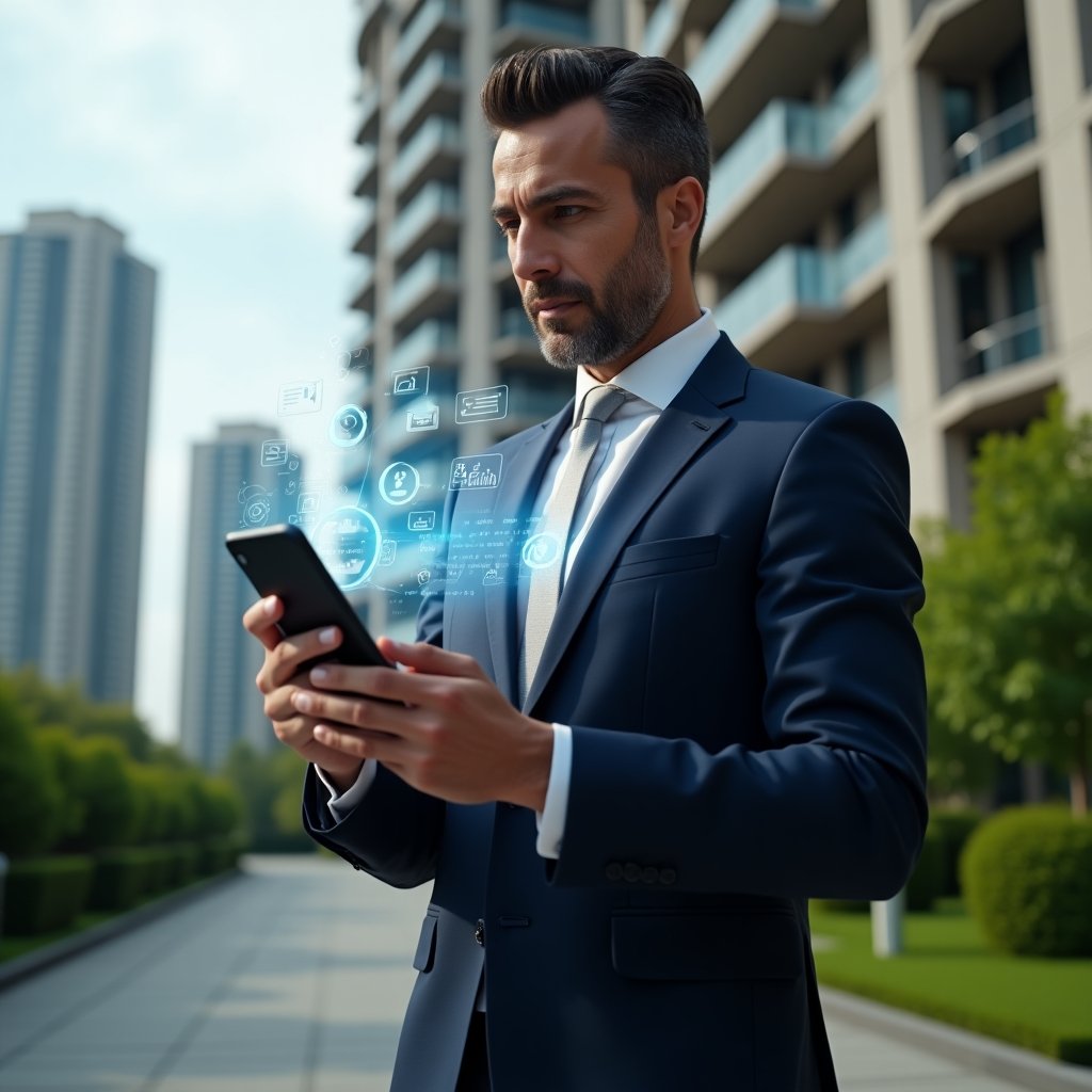 Ultra-realistic condominium manager in a navy tailored suit, set in a modern luxury condominium environment with high-rise buildings and manicured green landscaping, holding a smartphone with a holographic app interface displaying real-time financial charts and communication icons, confidently interacting with floating data visuals, cinematic lighting, shallow depth of field, highly detailed textures, realistic skin, photographic realism, 8k resolution --ar 1:1 --v 6