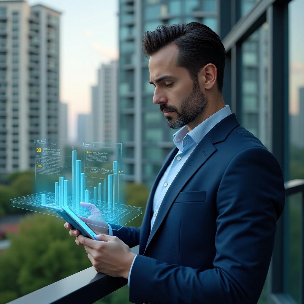 Ultra-realistic condominium manager in a navy blue suit, set in a modern luxury condominium environment with high-rise buildings and green landscaping, examining holographic financial reports projected in front of them, transparent floating bar charts and digital receipts surrounding the scene, confident and focused expression, cinematic lighting, shallow depth of field, highly detailed textures, realistic skin, photographic realism, 8k resolution --ar 1:1 --v 6