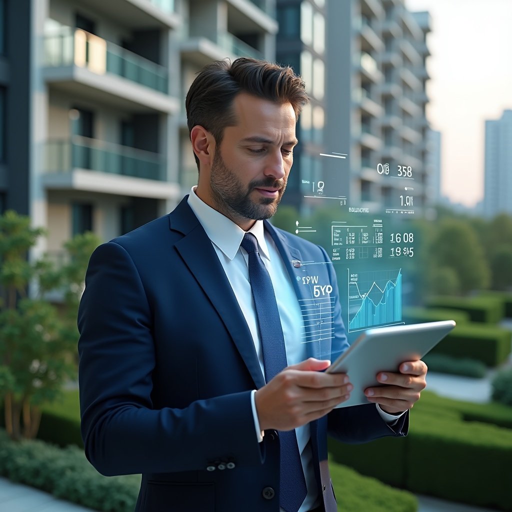 Ultra-realistic condominium manager in a tailored navy suit, set in a modern luxury condominium environment with high-rise buildings and lush green landscaping, holding a tablet displaying holographic financial charts and graphs, confidently analyzing digital accounts to ensure transparency and efficiency, floating icons of balance sheets and currency symbols around them, cinematic lighting, shallow depth of field, highly detailed textures, realistic skin, photographic realism, 8k resolution --ar 1:1 --v 6