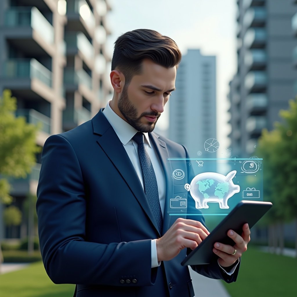 (Ultra-realistic property manager in a navy blue suit, set in a modern luxury condominium environment with high-rise buildings and meticulously landscaped greenery, examining a digital tablet displaying holographic financial charts and cost-saving icons, confident and focused expression, a translucent piggy bank hologram hovering beside them, cinematic lighting, shallow depth of field, highly detailed textures, realistic skin, photographic realism, 8k resolution --ar 1:1 --v 6)