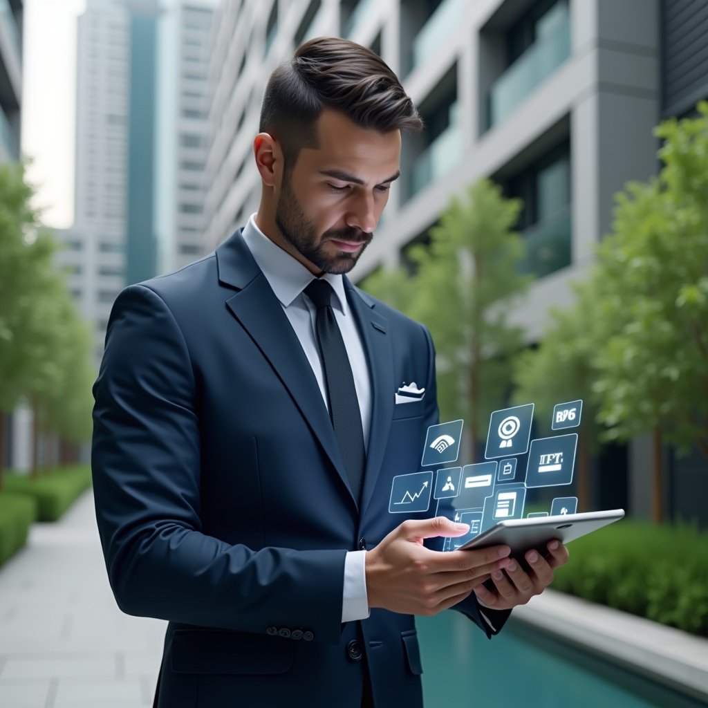 (Ultra-realistic condominium manager in a navy executive suit, set in a modern luxury condominium environment with high-rise buildings and manicured green landscaping, interacting with a holographic tablet interface displaying floating icons for chat, calendar, security, billing and analytics, confident and focused expression, cinematic lighting, shallow depth of field, highly detailed textures, realistic skin, photographic realism, 8k resolution --ar 1:1 --v 6)