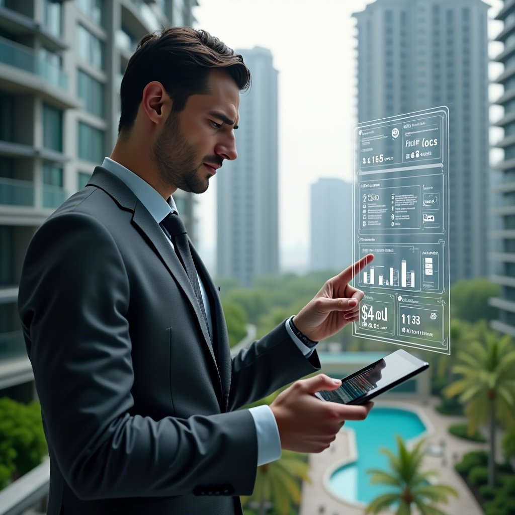 (Ultra-realistic condo manager in a charcoal gray suit, set in a modern luxury condominium environment with high-rise buildings and meticulously landscaped gardens, examining a floating holographic interface displaying calendar reservations, financial charts, access logs, and document icons, confidently tapping virtual buttons with one hand while holding a tablet in the other, cinematic lighting, shallow depth of field, highly detailed textures, realistic skin, photographic realism, 8k resolution --ar 1:1 --v 6)