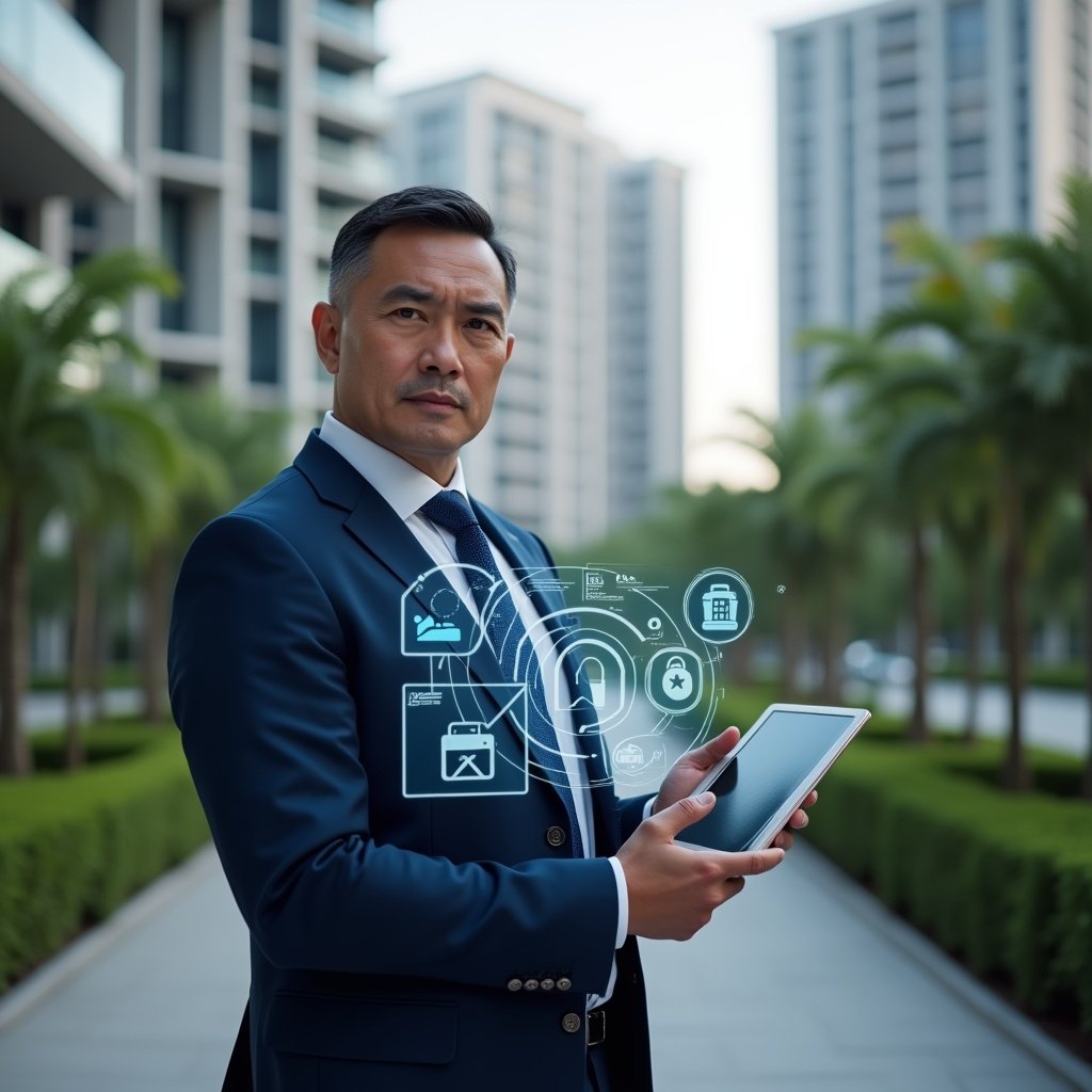 (Ultra-realistic condominium manager in a navy blue executive suit, set in a modern luxury condominium environment with high-rise buildings and meticulously landscaped greenery, holding a tablet displaying a holographic interface of calendar, lock, chat bubble and pie chart icons representing key management functions, confident and focused expression, cinematic lighting, shallow depth of field, highly detailed textures, realistic skin, photographic realism, 8k resolution --ar 1:1 --v 6)