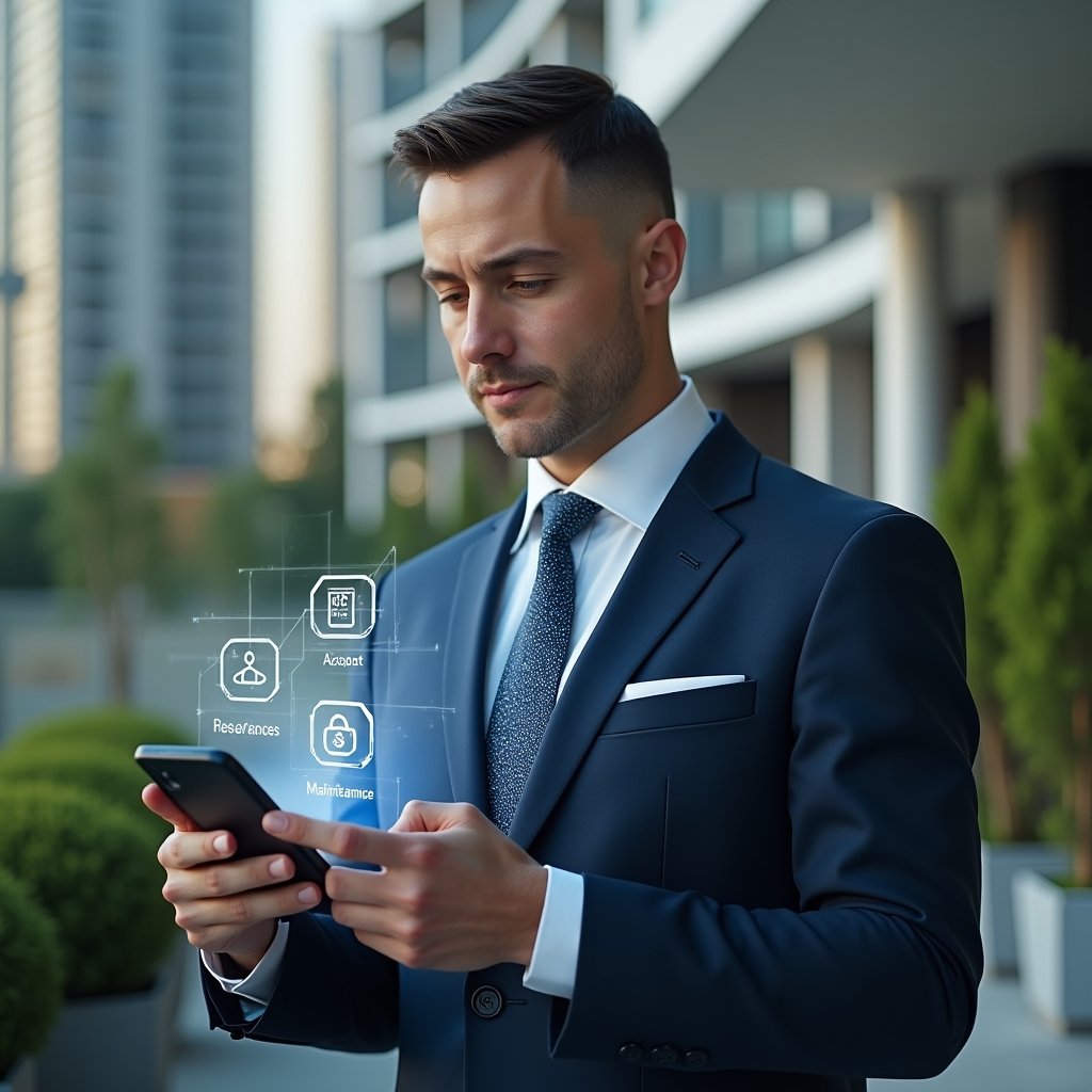 (Ultra-realistic condominium manager in a navy executive suit, set in a modern luxury condominium environment with high-rise buildings and green landscaping, holding and analyzing a holographic smartphone interface displaying app icons for finance, reservations, access control and maintenance, confident and focused expression, cinematic lighting, shallow depth of field, highly detailed textures, realistic skin, photographic realism, 8k resolution --ar 1:1 --v 6)