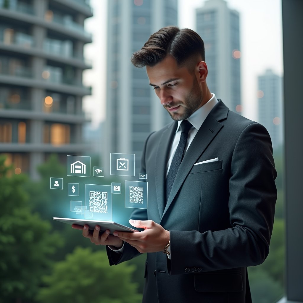 Ultra-realistic condominium manager in a dark grey tailored suit, set in a modern luxury condominium environment with high-rise buildings and green landscaping, confidently tapping a translucent tablet displaying floating holographic icons of financial graphs, calendar bookings, QR codes and chat bubbles, cinematic lighting, shallow depth of field, highly detailed textures, realistic skin, photographic realism, 8k resolution --ar 1:1 --v 6