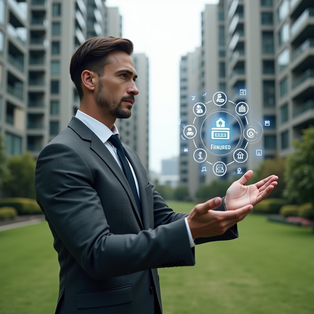 Ultra-realistic condominium manager in a tailored charcoal gray suit, set in a modern luxury condominium environment with high-rise buildings and manicured green lawns, standing in a medium shot and confidently interacting with a floating holographic interface displaying icons for communication, finance, reservations, and security, cinematic lighting, shallow depth of field, highly detailed textures, realistic skin, photographic realism, 8k resolution --ar 1:1 --v 6