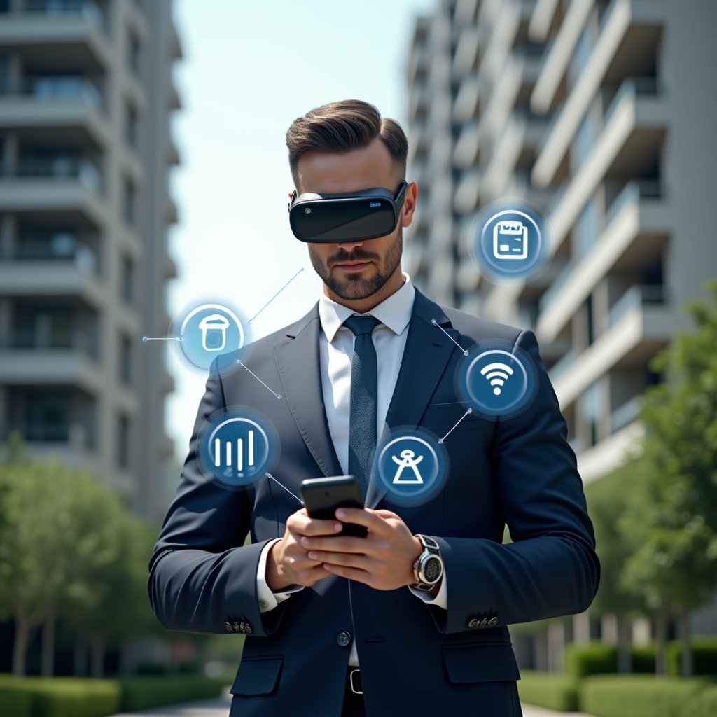 Ultra-realistic property manager in a sleek navy suit, set in a modern luxury condominium environment with high-rise buildings and manicured green gardens, mid-shot of the professional holding a smartphone and interacting with floating holographic icons representing finance charts, security cameras, and chat bubbles, confident and focused expression, cinematic lighting, shallow depth of field, highly detailed textures, realistic skin, photographic realism, 8k resolution --ar 1:1 --v 6