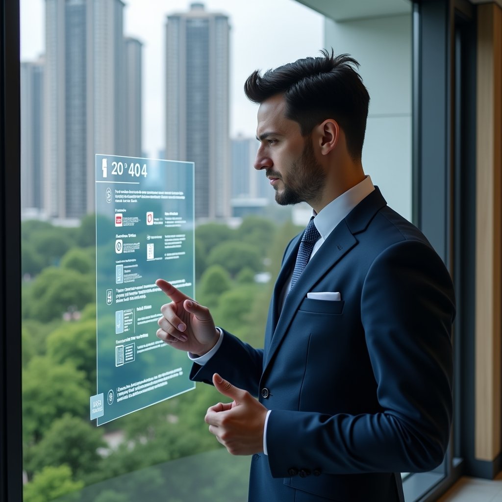 (Ultra-realistic condominium manager in a tailored dark blue suit, set in a modern luxury condominium environment with high-rise buildings and manicured green landscaping, confidently interacting with a holographic touchscreen interface displaying icons for financial reports, area reservations, visitor access control and maintenance tickets, cinematic lighting, shallow depth of field, highly detailed textures, realistic skin, photographic realism, 8k resolution --ar 1:1 --v 6)