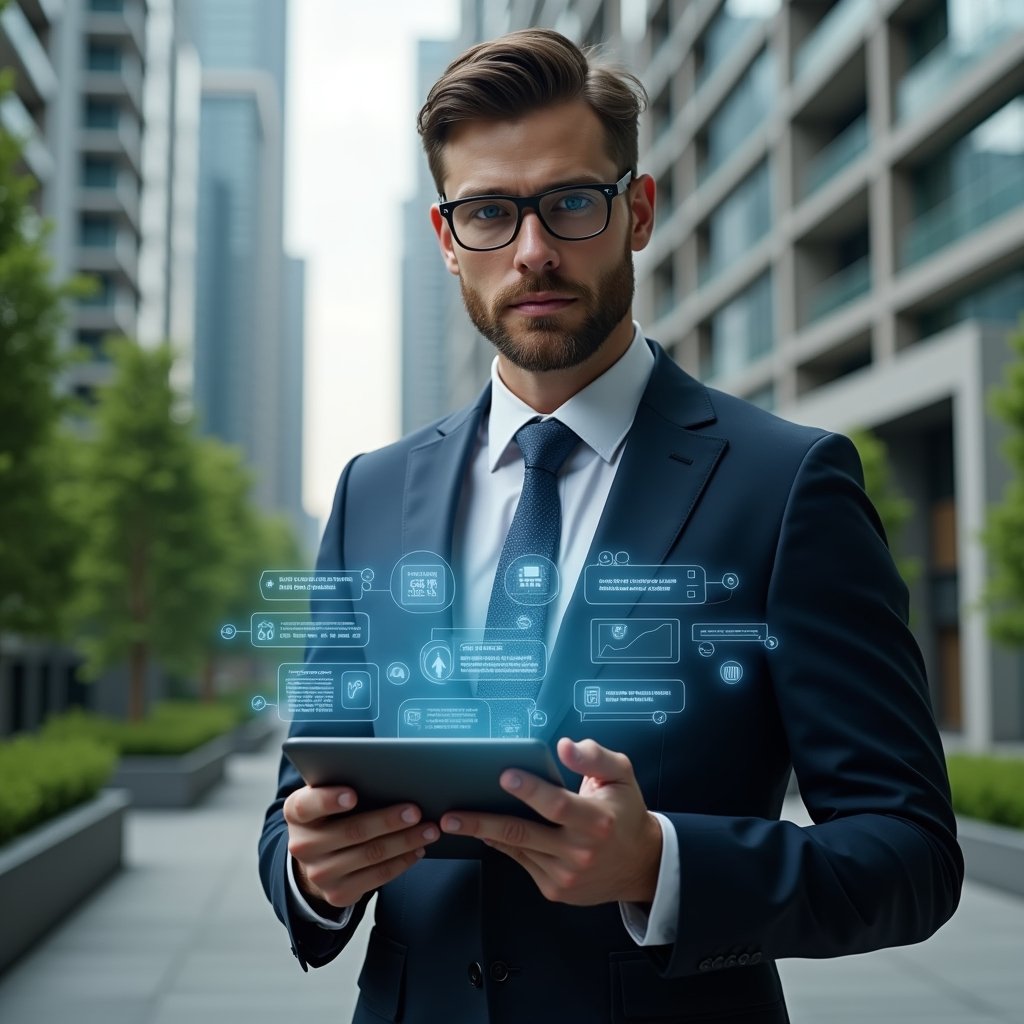 Ultra-realistic condominium manager in a navy suit, set in a modern luxury condominium environment with high-rise buildings and lush green landscaping, holding a tablet displaying holographic icons for finance reports, chat messages, calendar bookings and maintenance requests, looking confident and focused, cinematic lighting, shallow depth of field, highly detailed textures, realistic skin, photographic realism, 8k resolution --ar 1:1 --v 6