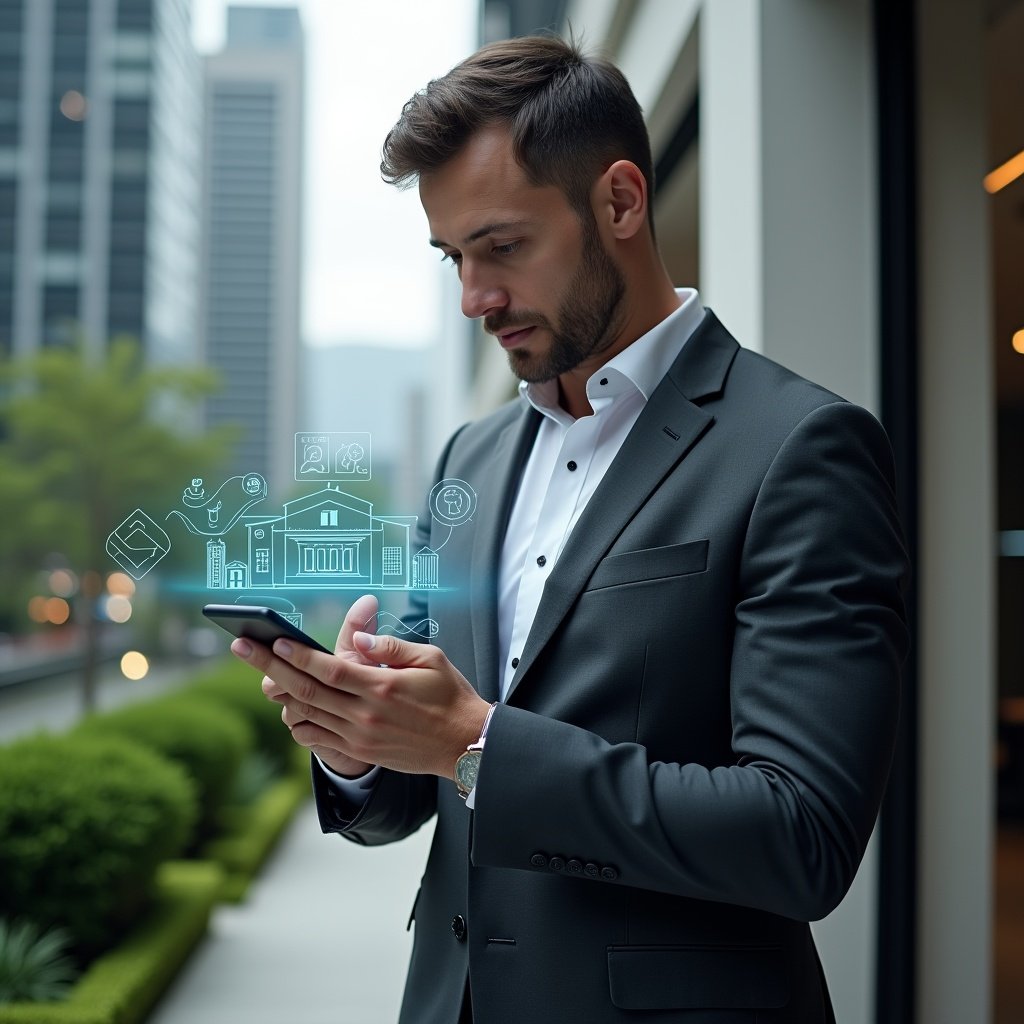 Ultra-realistic condominium manager in a charcoal gray suit, set in a modern luxury condominium environment with high-rise buildings and manicured green landscaping, medium shot close-up of the manager holding a smartphone displaying holographic icons for space reservations, financial charts, maintenance requests and notifications, confidently interacting with the interface, futuristic holographic UI elements floating around, cinematic lighting, shallow depth of field, highly detailed textures, realistic skin, photographic realism, 8k resolution --ar 1:1 --v 6