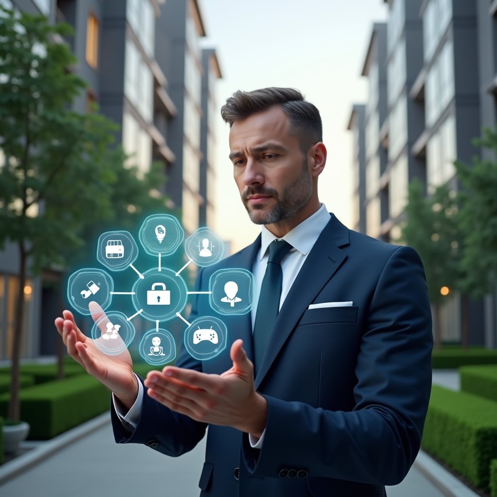 (Ultra-realistic condominium manager in a tailored navy suit, set in a modern luxury condominium environment with high-rise buildings and manicured green landscaping, examining a floating holographic interface displaying icons for finance, communication and reservation functions, confident and focused expression, symbolic translucent app interface elements around hands, cinematic lighting, shallow depth of field, highly detailed textures, realistic skin, photographic realism, 8k resolution --ar 1:1 --v 6)