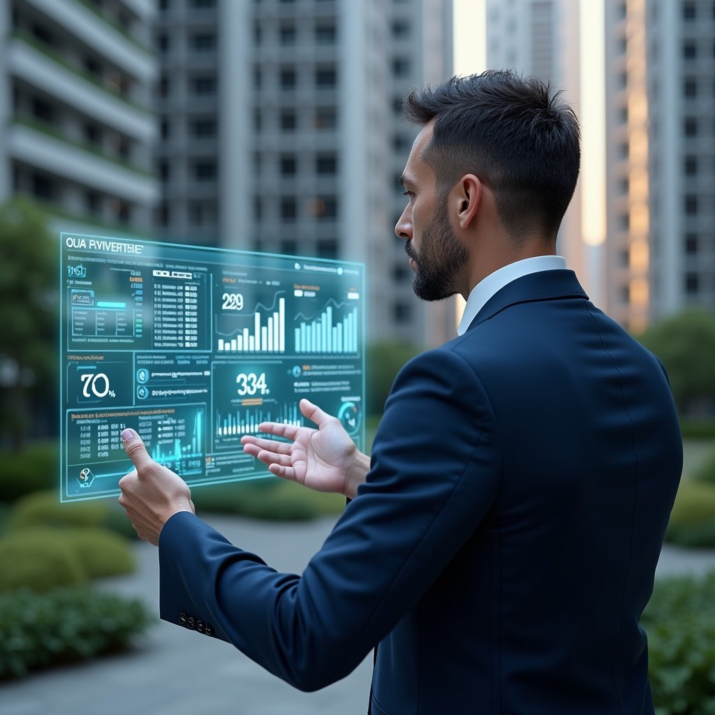 Ultra-realistic condominium manager in a navy blue tailored suit, set in a modern luxury condominium environment with high-rise buildings and meticulously landscaped gardens, confidently reviewing a holographic financial dashboard with glowing KPI charts and bar graphs floating before them, cinematic lighting, shallow depth of field, highly detailed textures, realistic skin, photographic realism, 8k resolution --ar 1:1 --v 6