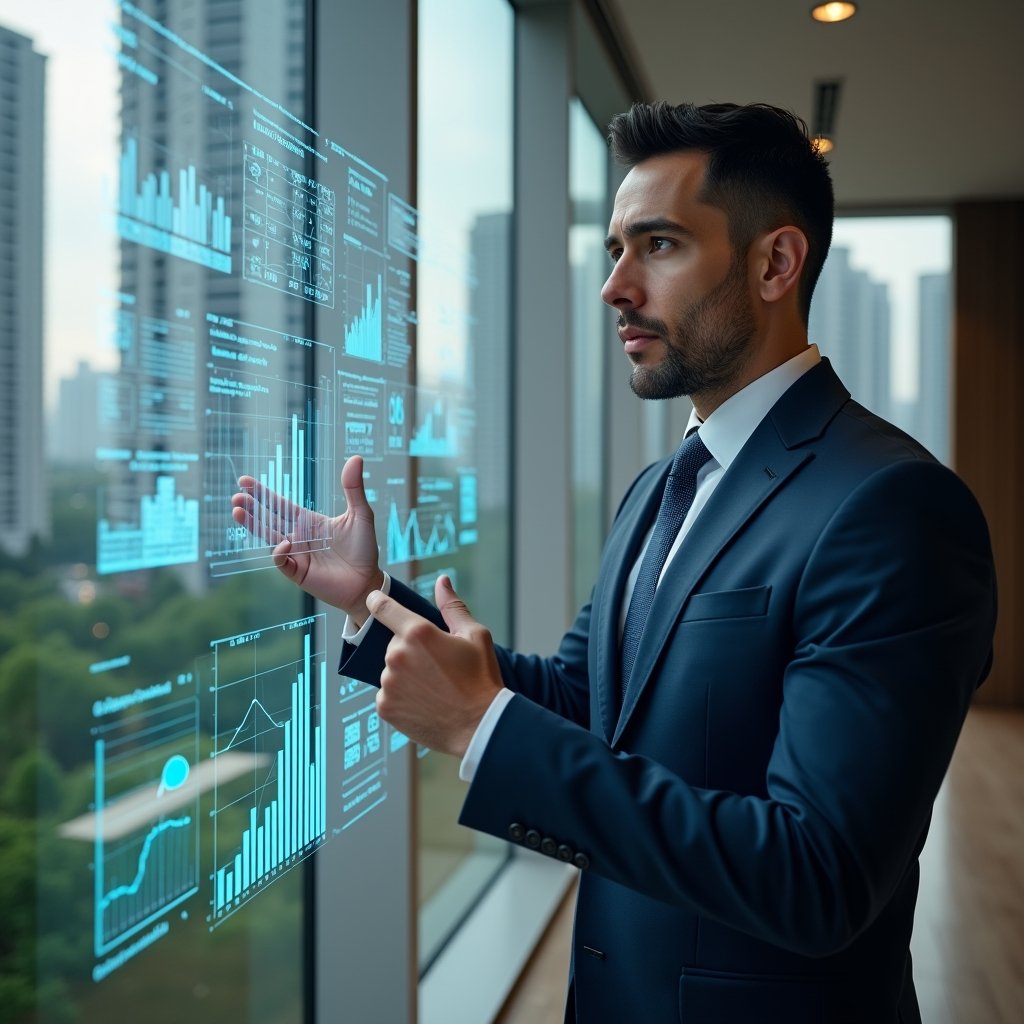 Ultra-realistic condominium manager in a tailored navy suit, set in a modern luxury condominium environment with high-rise buildings and lush green landscaping, medium close-up of a confident professional analyzing a holographic dashboard of financial charts and key performance indicators, floating icons of graphs and calculators, cinematic lighting, shallow depth of field, highly detailed textures, realistic skin, photographic realism, 8k resolution --ar 1:1 --v 6