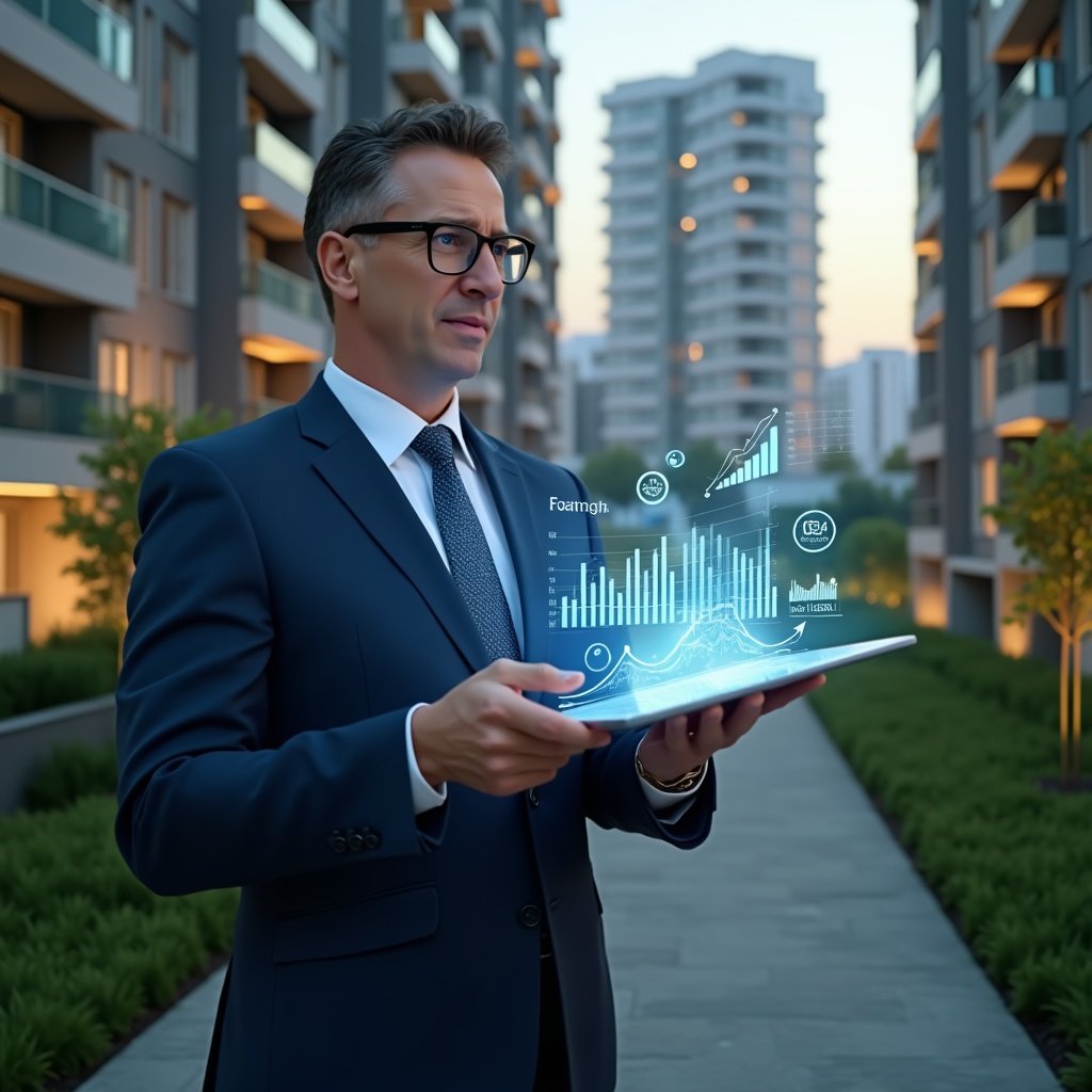 Ultra-realistic condominium manager in a navy business suit, set in a modern luxury condominium environment with high-rise buildings and manicured green landscaping, mid shot holding a transparent tablet displaying holographic financial charts, analyzing data with a focused expression, floating holographic graphs and icons representing streamlined accounting, cinematic lighting, shallow depth of field, highly detailed textures, realistic skin, photographic realism, 8k resolution --ar 1:1 --v 6