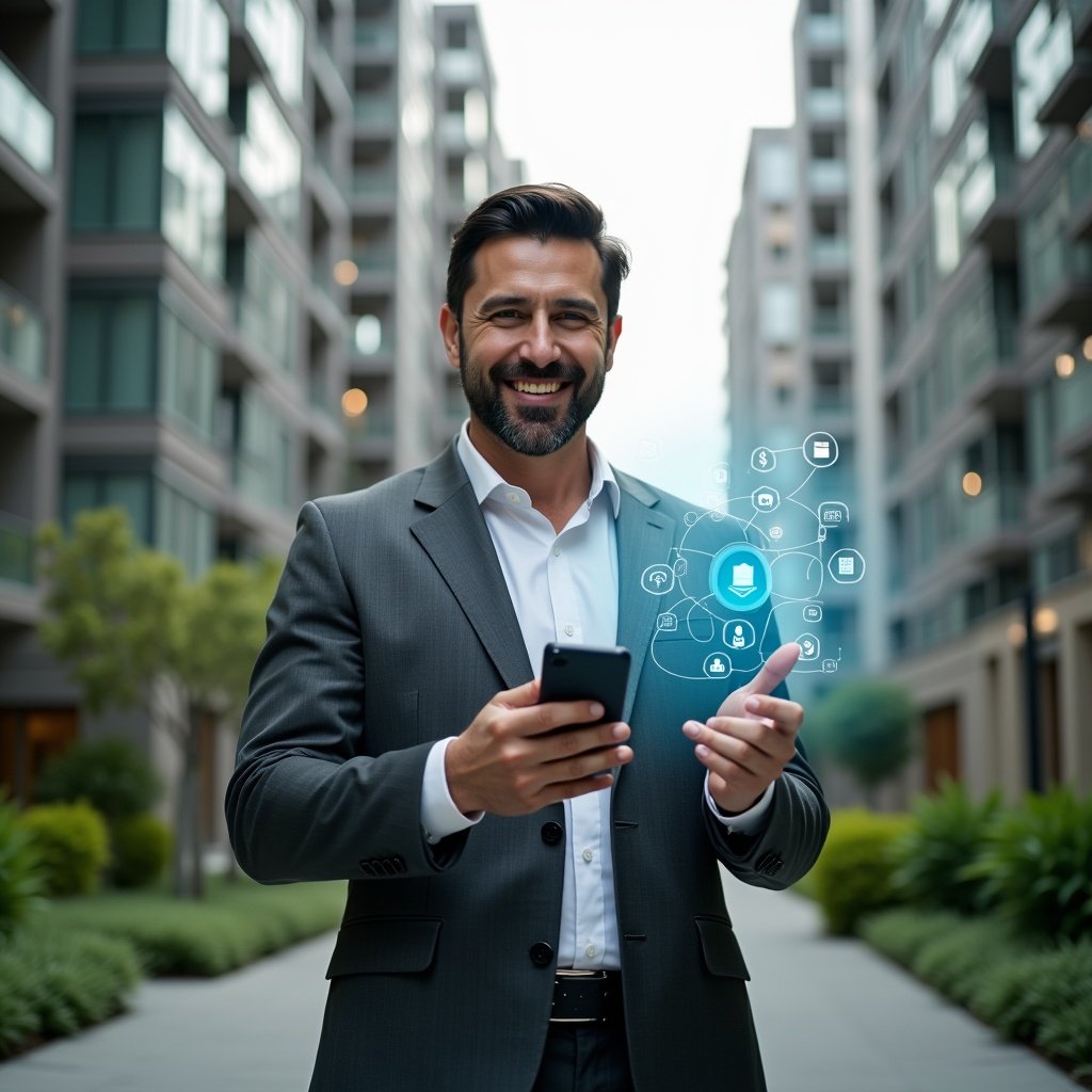 (Ultra-realistic condominium manager in a charcoal gray tailored suit, set in a modern luxury condominium environment with high-rise buildings and lush green landscaping, holding a smartphone with a holographic app interface projecting icons of communication, finance, and security, confidently smiling and gesturing toward the digital display, cinematic lighting, shallow depth of field, highly detailed textures, realistic skin, photographic realism, 8k resolution --ar 1:1 --v 6)