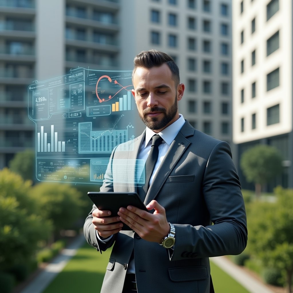 (Ultra-realistic condominium manager in a charcoal gray suit, set in a modern luxury condominium environment with high-rise buildings and lush green landscaping, holding a tablet and pointing at floating holographic financial charts and graphs symbolizing budget planning, confident and focused expression, cinematic lighting, shallow depth of field, highly detailed textures, realistic skin, photographic realism, 8k resolution --ar 1:1 --v 6)
