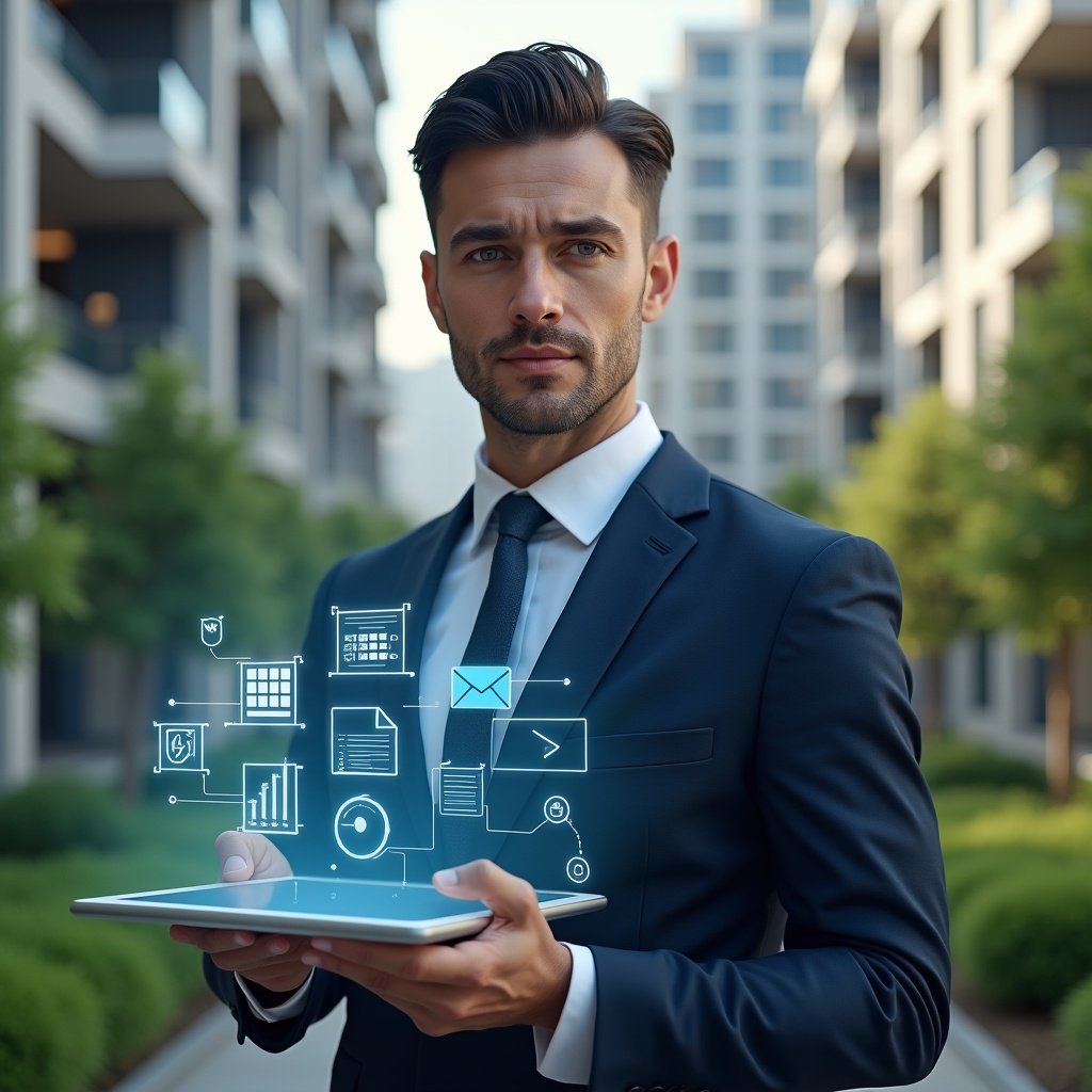 Ultra-realistic condominium manager in a navy business suit, set in a modern luxury condominium environment with high-rise buildings and manicured green landscaping, holding a transparent digital tablet projecting holographic icons of financial charts, reservation calendars, chat bubbles and maintenance tools, confident and focused expression, cinematic lighting, shallow depth of field, highly detailed textures, realistic skin, photographic realism, 8k resolution --ar 1:1 --v 6