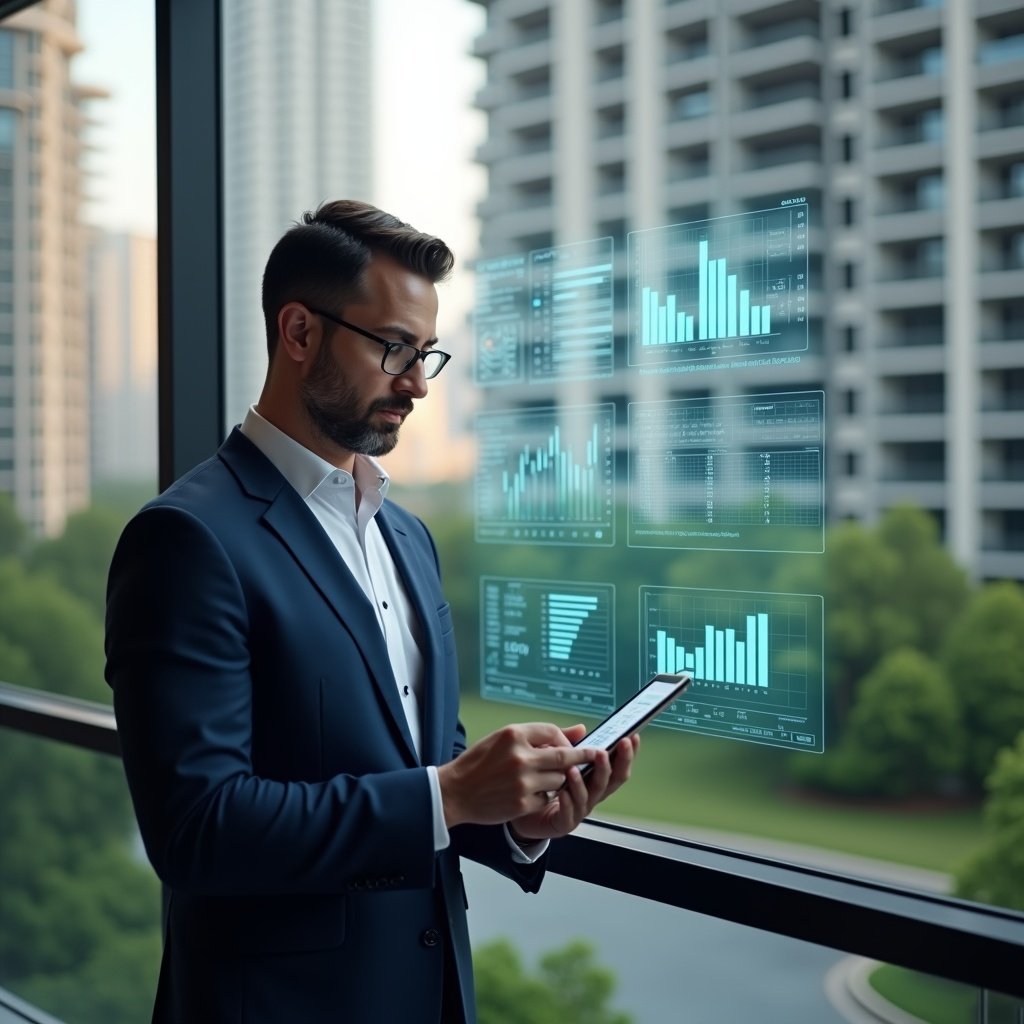 Ultra-realistic condominium manager in a tailored navy suit, set in a modern luxury condominium environment with high-rise buildings and manicured green landscaping, reviewing holographic financial reports and charts projected in front of them, holding a tablet displaying detailed spreadsheets, cinematic lighting, shallow depth of field, highly detailed textures, realistic skin, photographic realism, 8k resolution --ar 1:1 --v 6