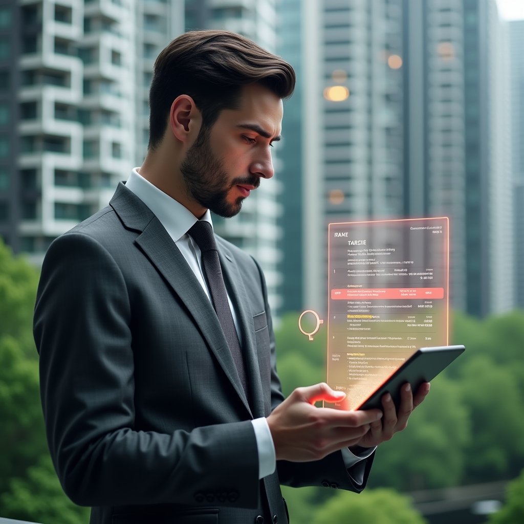 (Ultra-realistic condominium manager in a charcoal gray executive suit, set in a modern luxury condominium environment with high-rise buildings and lush green landscaping, examining a transparent holographic financial report with suspicious red-highlighted entries, holding a digital tablet and a magnifying glass icon floating beside, expression focused and analytical, cinematic lighting, shallow depth of field, highly detailed textures, realistic skin, photographic realism, 8k resolution --ar 1:1 --v 6)