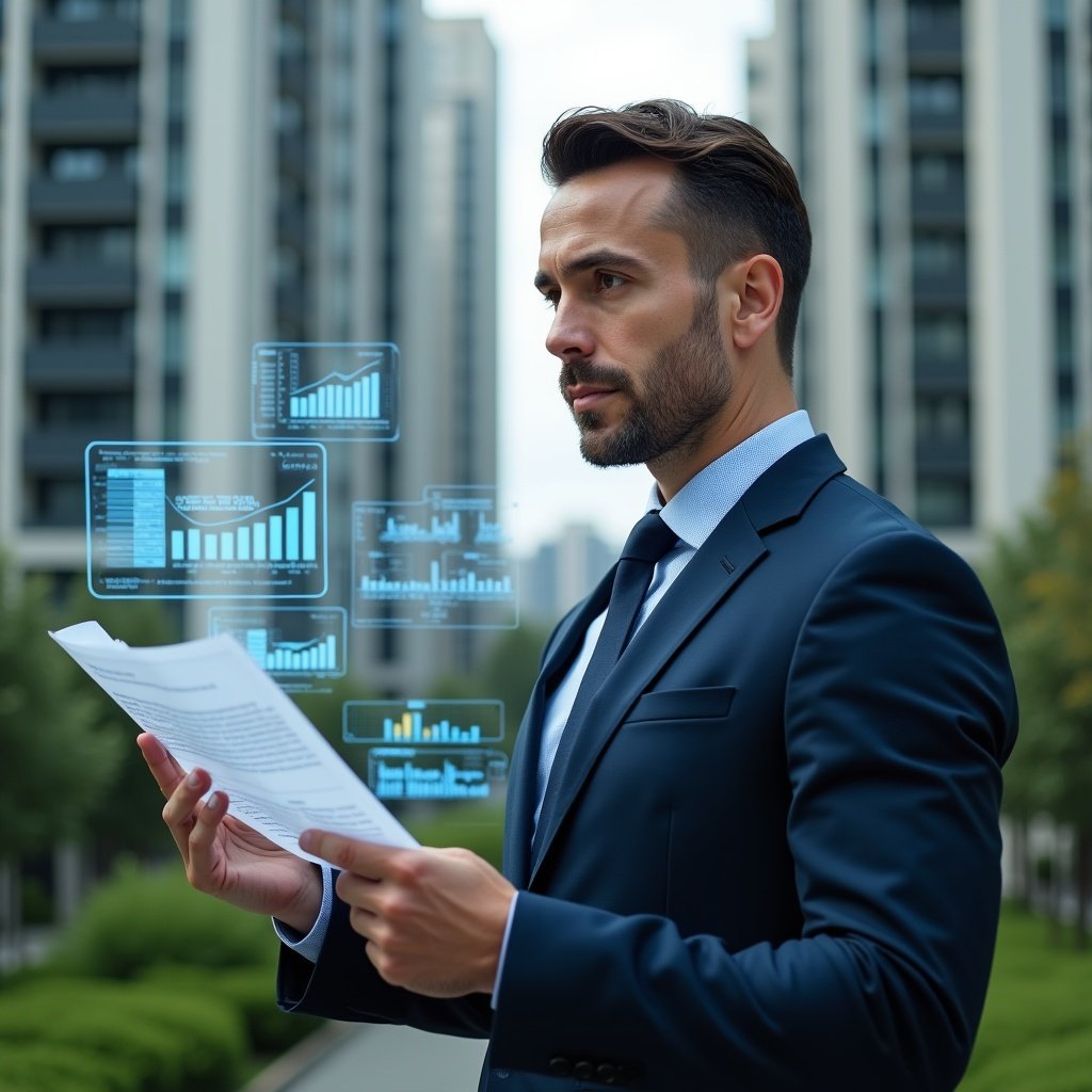 (Ultra-realistic condominium manager in a tailored navy suit, set in a modern luxury condominium environment with high-rise buildings and lush green landscaping, holding and reviewing floating holographic financial reports and charts that symbolize digitalized accounting, confident and focused expression, cinematic lighting, shallow depth of field, highly detailed textures, realistic skin, photographic realism, 8k resolution --ar 1:1 --v 6)