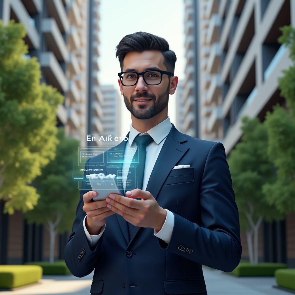 (Ultra-realistic condominium manager in a navy executive suit, set in a modern luxury condominium environment with high-rise buildings and manicured green landscaping, holding a smartphone with a floating holographic dashboard showing financial graphs and task lists, confident expression, cinematic lighting, shallow depth of field, highly detailed textures, realistic skin, photographic realism, 8k resolution --ar 1:1 --v 6)