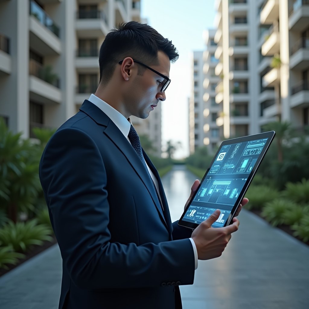 Ultra-realistic condominium manager in a tailored navy suit, set in a modern luxury condominium environment with high-rise buildings and green landscaping, holding a tablet displaying holographic icons for lighting, access control and security cameras, confidently reviewing automated building systems, cinematic lighting, shallow depth of field, highly detailed textures, realistic skin, photographic realism, 8k resolution --ar 1:1 --v 6