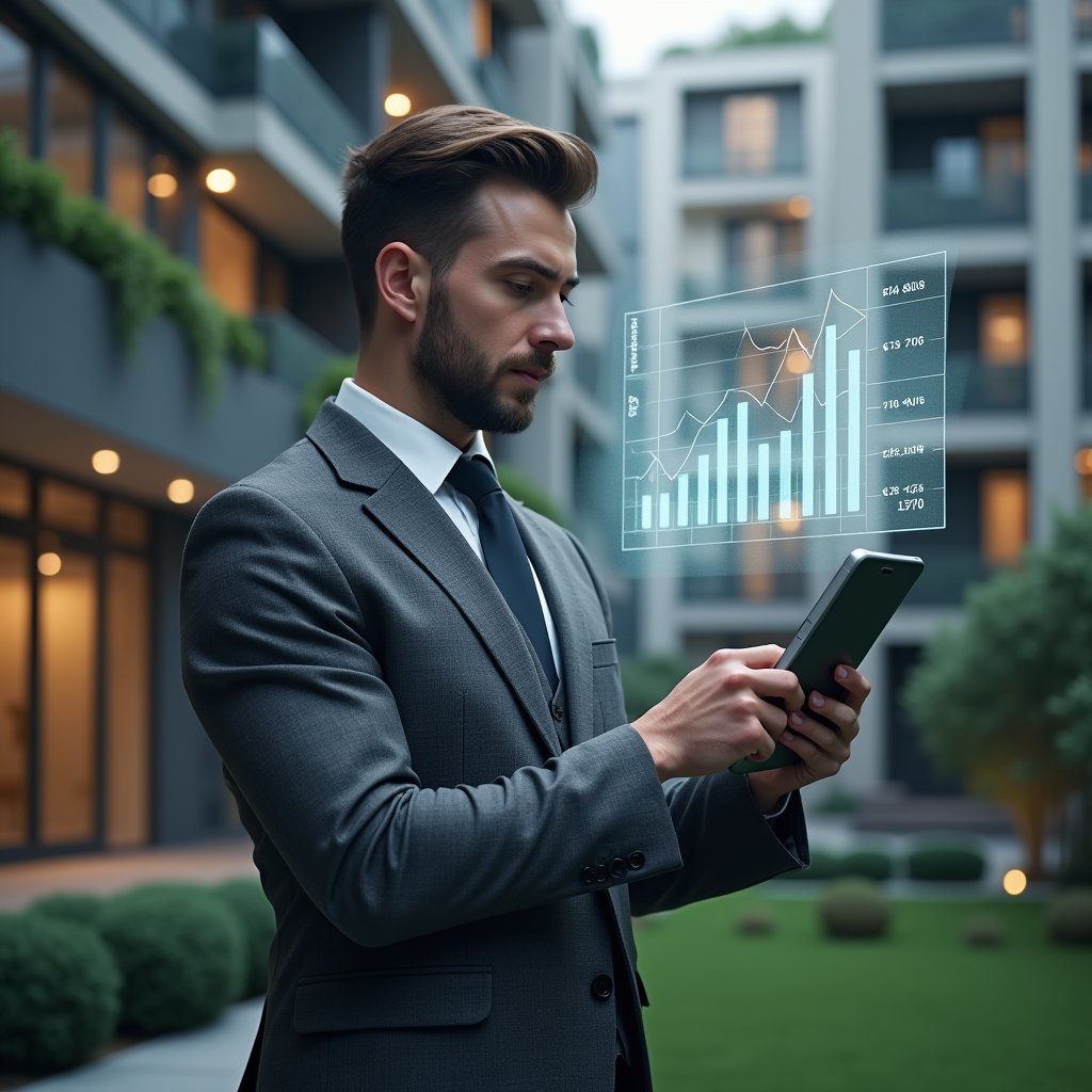 (Ultra-realistic condominium manager in a charcoal gray suit, set in a modern luxury condominium environment with high-rise buildings and manicured greenery, standing in a medium close-up pose while reviewing a holographic financial chart projected from a tablet, symbolic contract papers and digital icons floating around, cinematic lighting, shallow depth of field, highly detailed textures, realistic skin, photographic realism, 8k resolution --ar 1:1 --v 6)