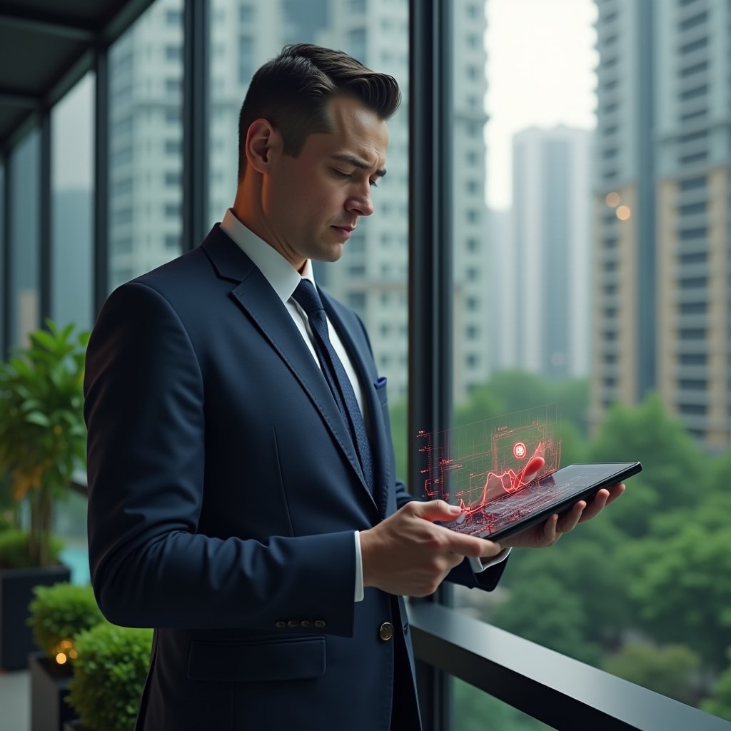 (Ultra-realistic condominium manager in a navy tailored suit, set in a modern luxury condominium environment with high-rise buildings and lush green landscaping, mid-shot close-up of the manager reviewing holographic financial charts on a floating tablet with red warning icons, serious and focused expression, cinematic lighting, shallow depth of field, highly detailed textures, realistic skin, photographic realism, 8k resolution --ar 1:1 --v 6)