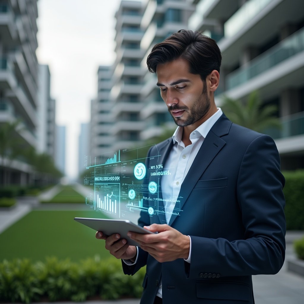 (Ultra-realistic condominium manager in a tailored navy suit, set in a modern luxury condominium environment with high-rise buildings and manicured green landscaping, examining holographic budget charts projected above a tablet with a focused, confident expression, floating icons of coins and graphs symbolizing cost control, cinematic lighting, shallow depth of field, highly detailed textures, realistic skin, photographic realism, 8k resolution --ar 1:1 --v 6)