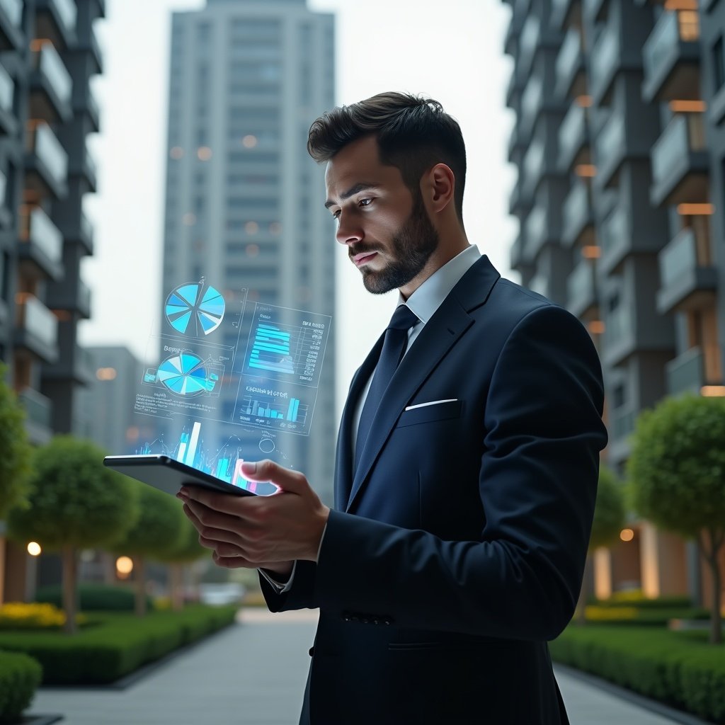 Ultra-realistic condominium manager in a dark navy suit, set in a modern luxury condominium environment with high-rise buildings and lush green landscaping, holding a tablet displaying a holographic budget chart while thoughtfully analyzing financial data, floating 3D pie charts and line graphs symbolizing expense control, cinematic lighting, shallow depth of field, highly detailed textures, realistic skin, photographic realism, 8k resolution --ar 1:1 --v 6
