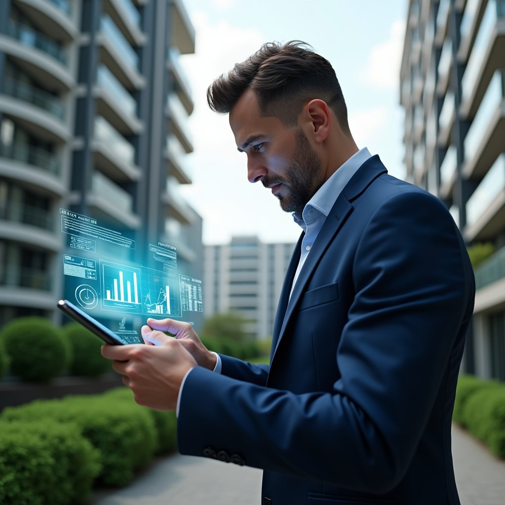 Ultra-realistic condominium manager in a navy blue suit, set in a modern luxury condominium environment with high-rise buildings and manicured green landscaping, reviewing a holographic budget report projected from a tablet with floating expense charts and graphs, expression focused and confident, cinematic lighting, shallow depth of field, highly detailed textures, realistic skin, photographic realism, 8k resolution --ar 1:1 --v 6