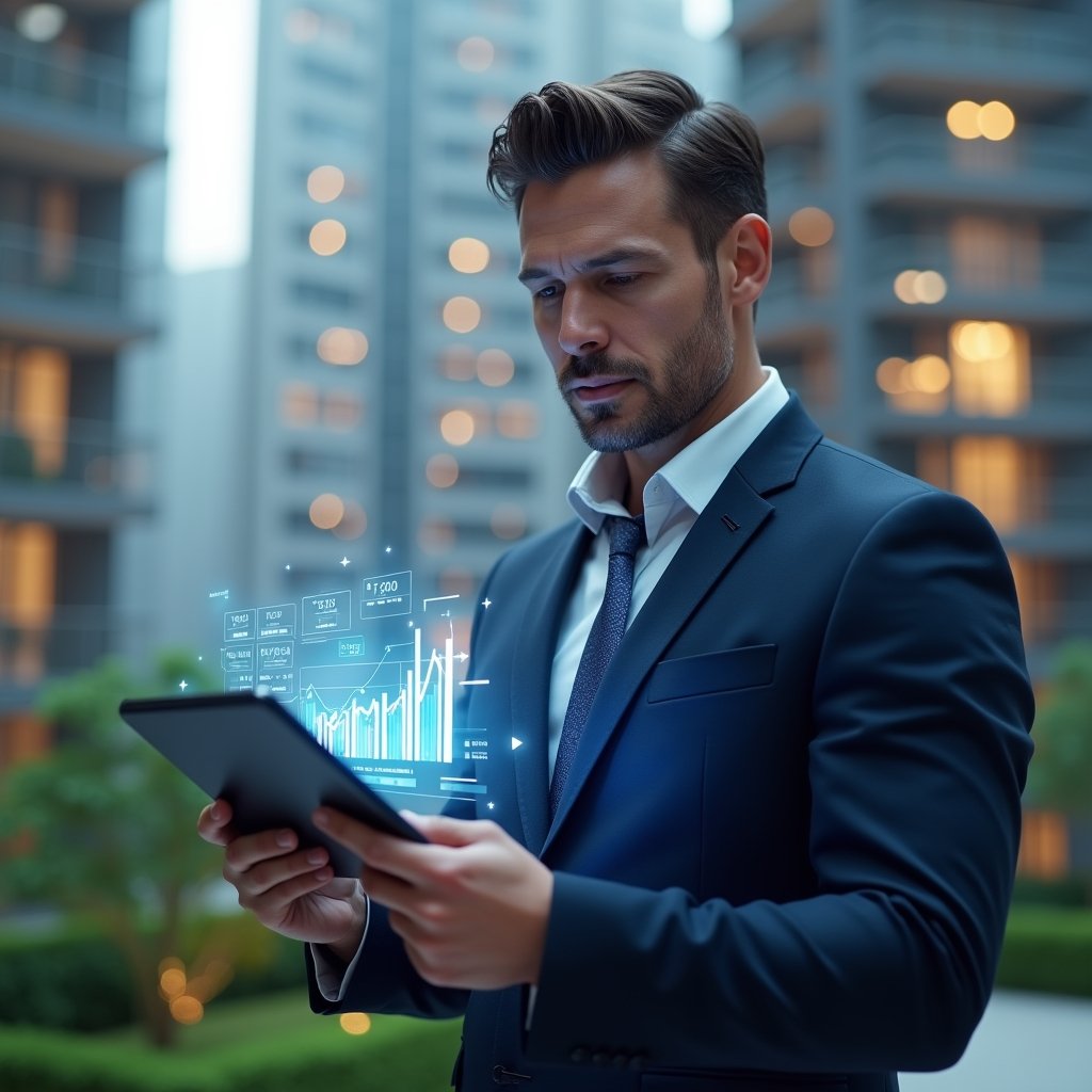 Ultra-realistic condominium manager in a navy blue suit, set in a modern luxury condominium environment with high-rise buildings and green landscaping, holding a tablet displaying a glowing holographic budget chart and floating expense icons, analyzing monthly expenses with a confident, focused expression, cinematic lighting, shallow depth of field, highly detailed textures, realistic skin, photographic realism, 8k resolution --ar 1:1 --v 6