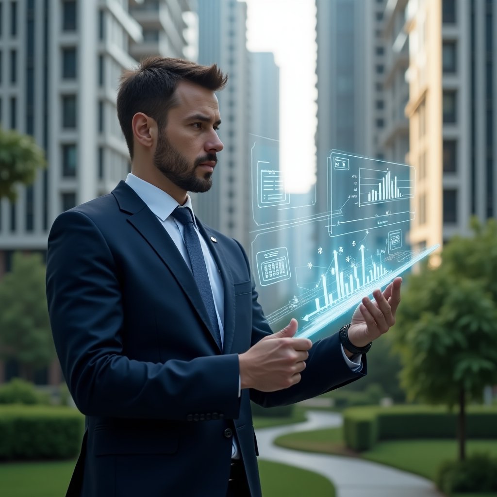 (Ultra-realistic condominium manager in a navy tailored suit, set in a modern luxury condominium environment with high-rise buildings and lush green landscaping, reviewing floating holographic financial charts and balance-sheet icons, confident and focused expression, cinematic lighting, shallow depth of field, highly detailed textures, realistic skin, photographic realism, 8k resolution --ar 1:1 --v 6)