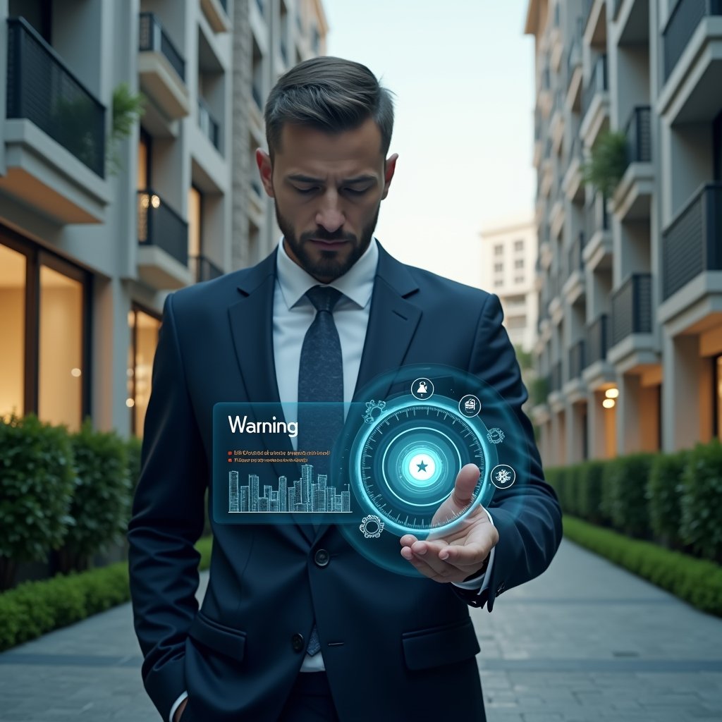 Ultra-realistic condominium manager in a tailored navy suit, set in a modern luxury condominium environment with high-rise buildings and manicured green landscaping, mid-shot of a focused professional analyzing a holographic dashboard displaying error icons and workflow charts, symbolic floating gears and warning alerts beside them, cinematic lighting, shallow depth of field, highly detailed textures, realistic skin, photographic realism, 8k resolution --ar 1:1 --v 6