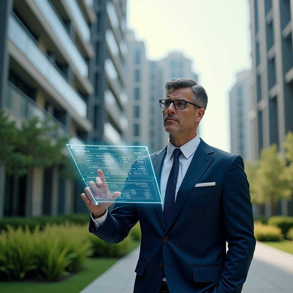 Ultra-realistic condominium manager in a dark blue tailored suit, set in a modern luxury condominium environment with high-rise buildings and manicured green landscaping, reviewing and pointing at a floating holographic financial report, exuding confidence and focus, cinematic lighting, shallow depth of field, highly detailed textures, realistic skin, photographic realism, 8k resolution --ar 1:1 --v 6