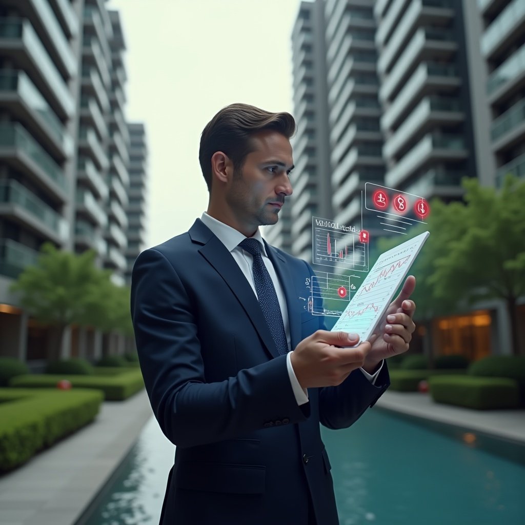 (Ultra-realistic condominium manager in a tailored navy suit, set in a modern luxury condominium environment with high-rise buildings and manicured green gardens, medium shot of a serious property manager reviewing a floating holographic ledger displaying financial charts with red error icons, cinematic lighting, shallow depth of field, highly detailed textures, realistic skin, photographic realism, 8k resolution --ar 1:1 --v 6)