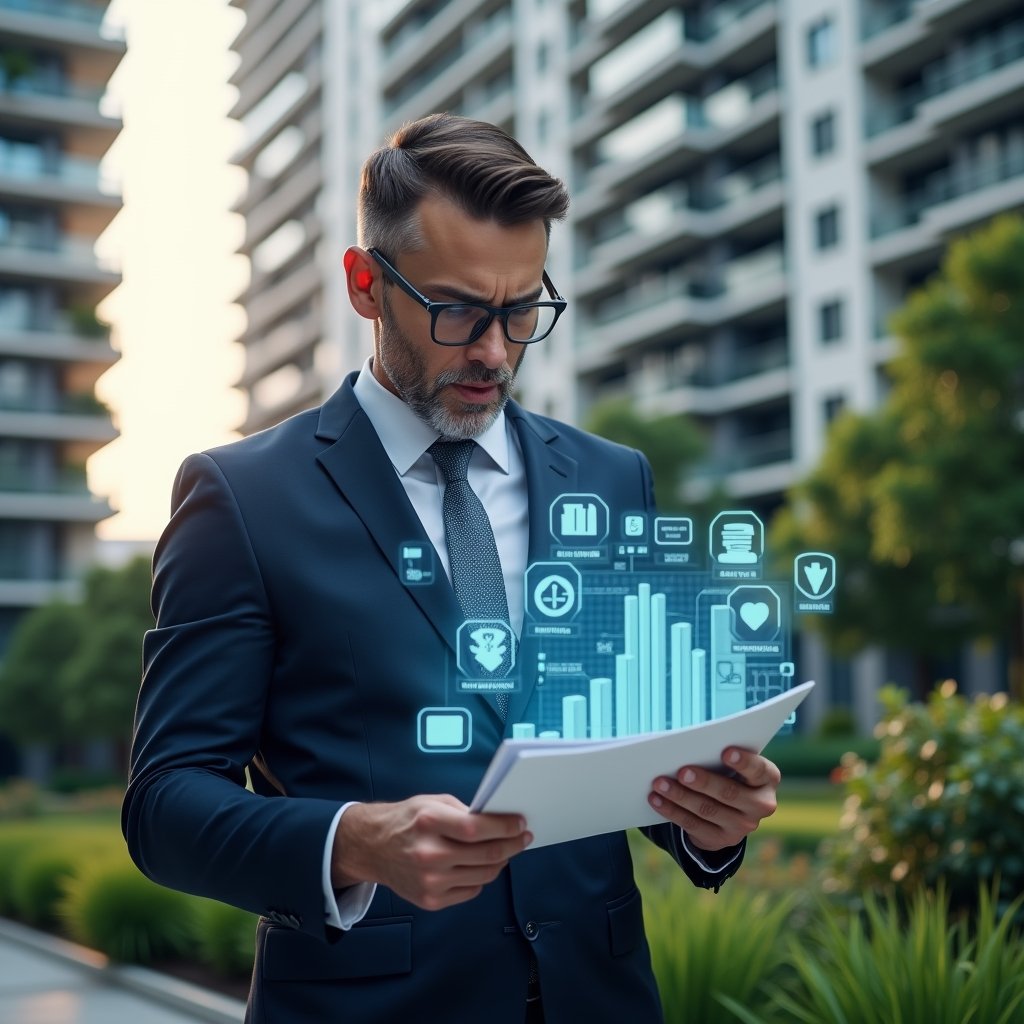 Ultra-realistic condominium manager in a navy executive suit, set in a modern luxury condominium environment with high-rise buildings and manicured greenery, examining a holographic financial report with focused concern, floating icons of charts, receipts and audit stamps around, cinematic lighting, shallow depth of field, highly detailed textures, realistic skin, photographic realism, 8k resolution --ar 1:1 --v 6