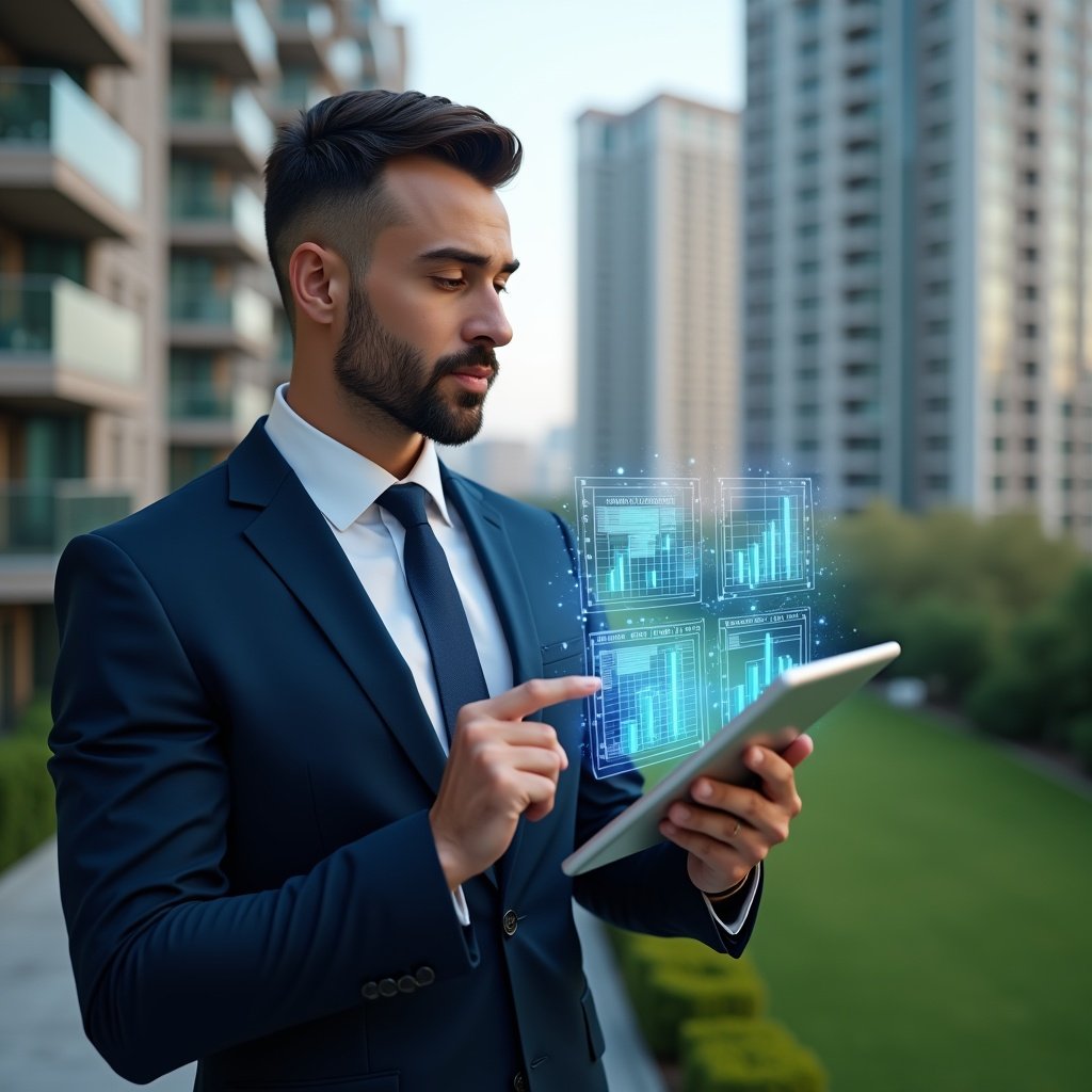 Ultra-realistic condominium manager in a navy executive suit, set in a modern luxury condominium environment with high-rise buildings and manicured green landscaping, confidently holding a tablet projecting a holographic balance sheet and financial charts symbolizing transparent accounting, pointing at floating graphs with a focused expression, cinematic lighting, shallow depth of field, highly detailed textures, realistic skin, photographic realism, 8k resolution --ar 1:1 --v 6