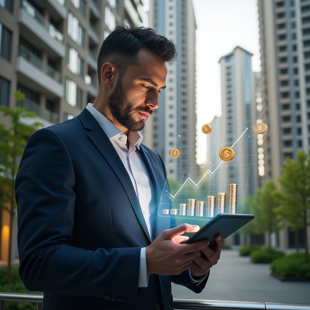 (Ultra-realistic condominium manager in a navy executive suit, set in a modern luxury condominium environment with high-rise buildings and meticulously landscaped gardens, reviewing a digital tablet displaying a holographic declining cost graph, surrounded by floating budget icons and coins symbolizing expense reduction, confident and focused expression, cinematic lighting, shallow depth of field, highly detailed textures, realistic skin, photographic realism, 8k resolution --ar 1:1 --v 6)