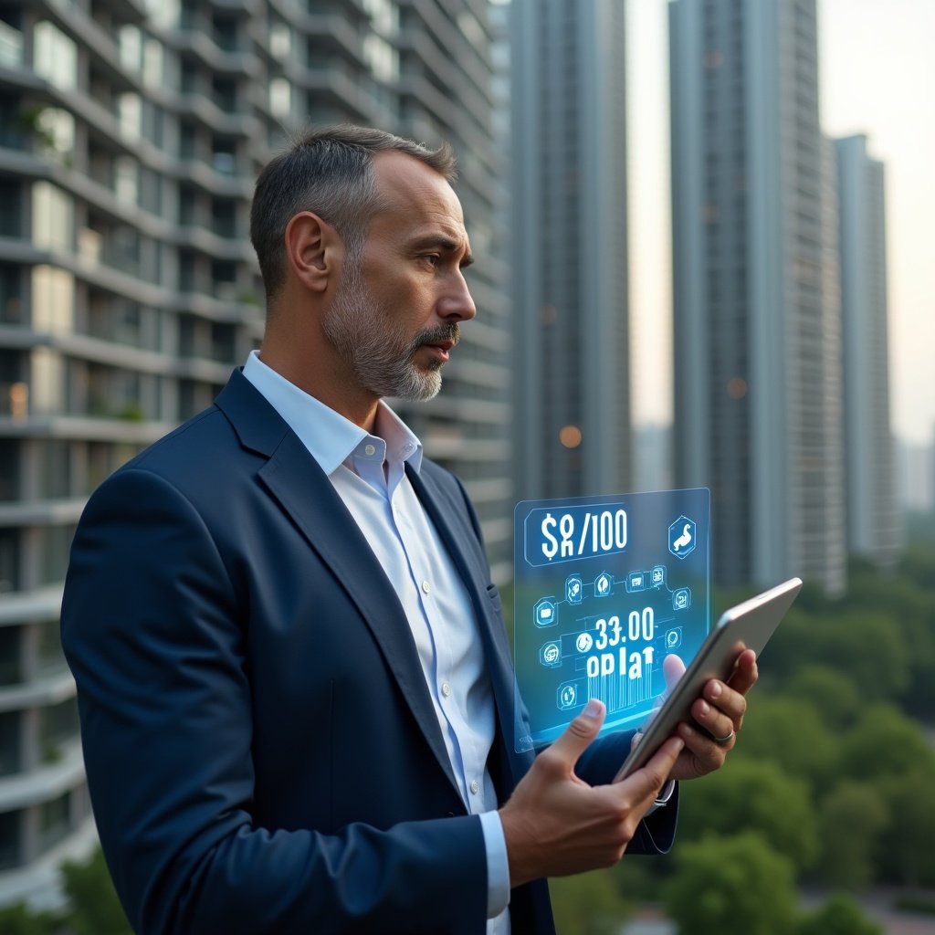 Ultra-realistic condominium manager in a navy blue suit, set in a modern luxury condominium environment with high-rise buildings and green landscaping, holding a digital tablet displaying a holographic budget chart and cost-saving icons (coins, wrench, repair tools), confidently analyzing the data with a thoughtful expression, cinematic lighting, shallow depth of field, highly detailed textures, realistic skin, photographic realism, 8k resolution --ar 1:1 --v 6