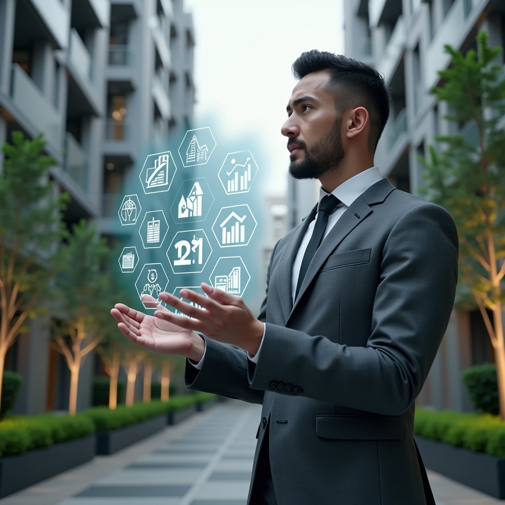 (Ultra-realistic condominium manager in a tailored charcoal gray suit, set in a modern luxury condominium environment with high-rise buildings and well-kept green landscaping, mid shot holding a transparent holographic display of budget charts and cost-reduction icons, analyzing financial data with a confident expression, cinematic lighting, shallow depth of field, highly detailed textures, realistic skin, photographic realism, 8k resolution --ar 1:1 --v 6)