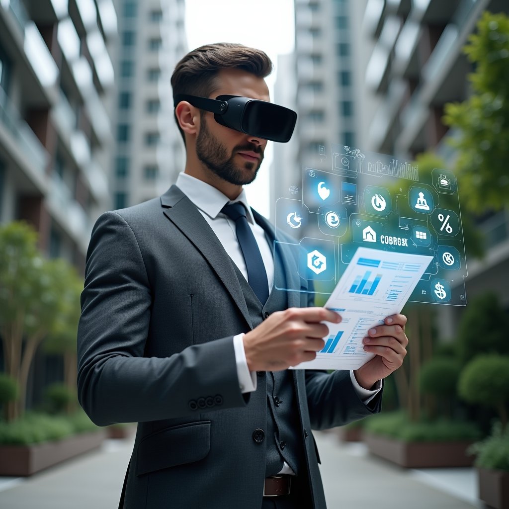 (Ultra-realistic condominium manager in a charcoal gray tailored suit, set in a modern luxury condominium environment with high-rise buildings and meticulously landscaped greenery, confidently examining a holographic budget report displaying cost-saving charts and renovation blueprints, floating icons of tools and currency symbols around, cinematic lighting, shallow depth of field, highly detailed textures, realistic skin, photographic realism, 8k resolution --ar 1:1 --v 6)