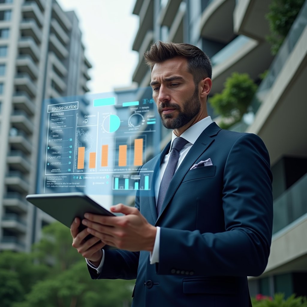 Ultra-realistic property manager in a navy tailored suit, set in a modern luxury condominium environment with high-rise buildings and green landscaping, examining a holographic financial dashboard projected from a tablet with confident focus, floating pie charts and cost-reduction icons surrounding them, cinematic lighting, shallow depth of field, highly detailed textures, realistic skin, photographic realism, 8k resolution --ar 1:1 --v 6