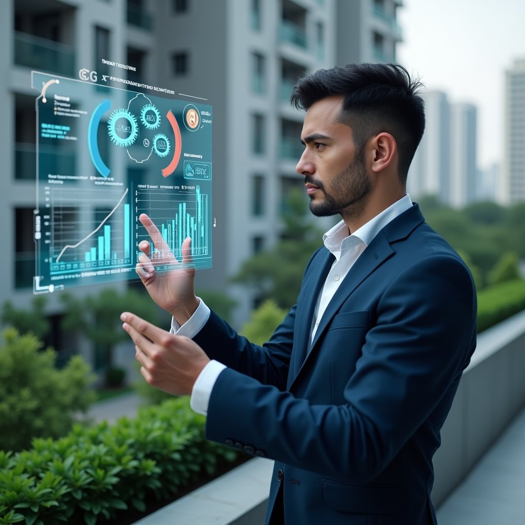 (Ultra-realistic condominium manager in a dark blue executive suit, set in a modern luxury condominium environment with high-rise buildings and lush green landscaping, interacting with a holographic automation dashboard displaying cost-reduction graphs and energy-saving icons, confident and focused expression, symbolic floating gears and energy meter overlays, cinematic lighting, shallow depth of field, highly detailed textures, realistic skin, photographic realism, 8k resolution --ar 1:1 --v 6)