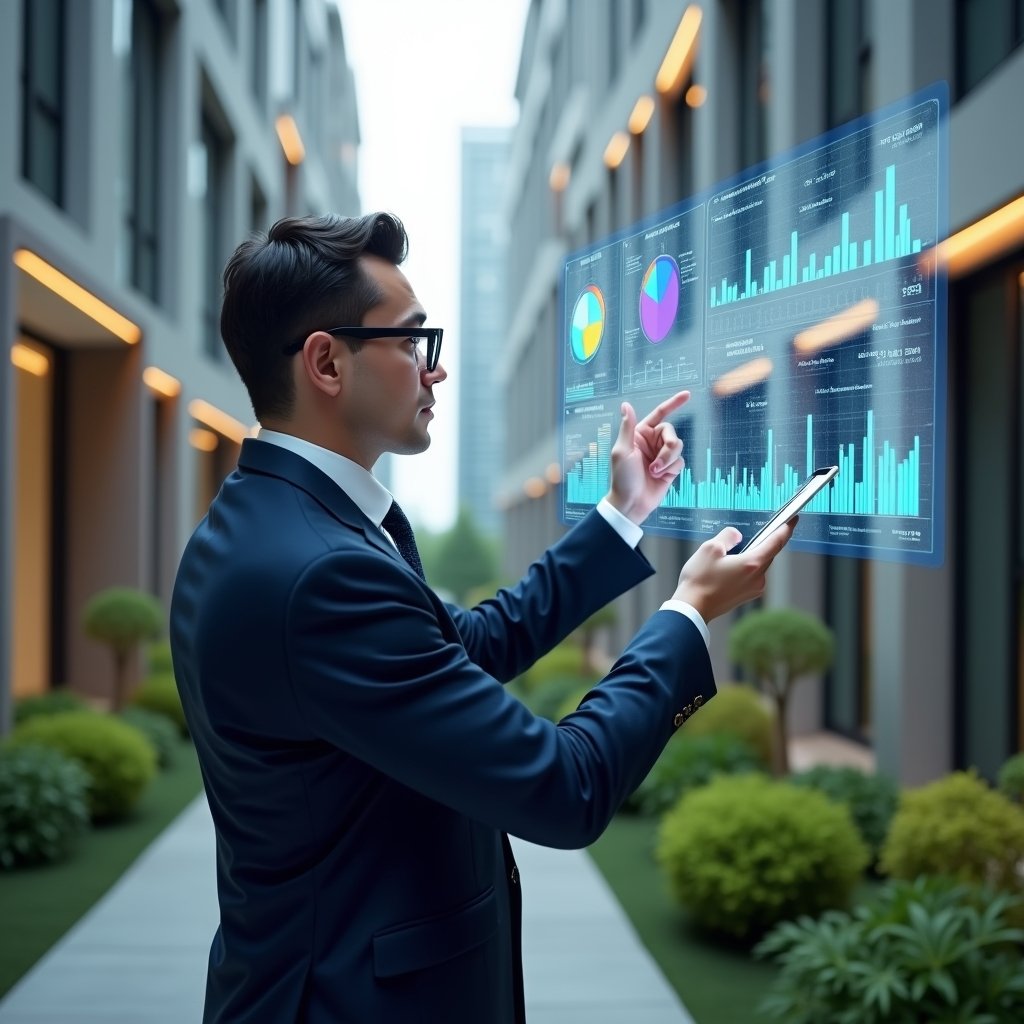 Ultra-realistic condominium manager in a navy executive suit, set in a modern luxury condominium environment with high-rise buildings and manicured greenery, analyzing a holographic financial dashboard with pie charts and budget forecasts, holding a tablet and pointing confidently at projected expense reductions, cinematic lighting, shallow depth of field, highly detailed textures, realistic skin, photographic realism, 8k resolution --ar 1:1 --v 6