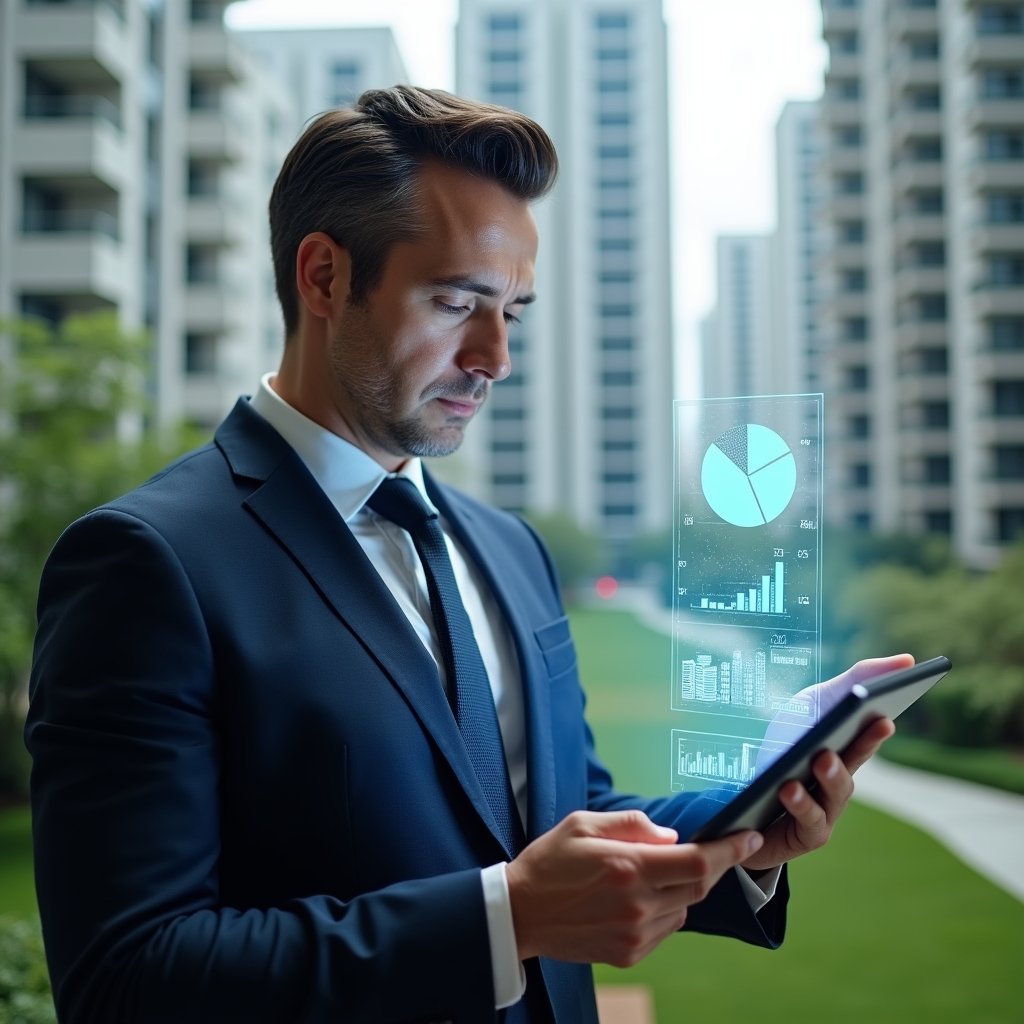 (Ultra-realistic condominium manager in a navy tailored suit, set in a modern luxury condominium environment with high-rise buildings and lush green landscaping, analyzing a holographic expense chart projected from a tablet, confident and focused expression, holographic pie charts and cost-reduction icons floating beside them, cinematic lighting, shallow depth of field, highly detailed textures, realistic skin, photographic realism, 8k resolution --ar 1:1 --v 6)