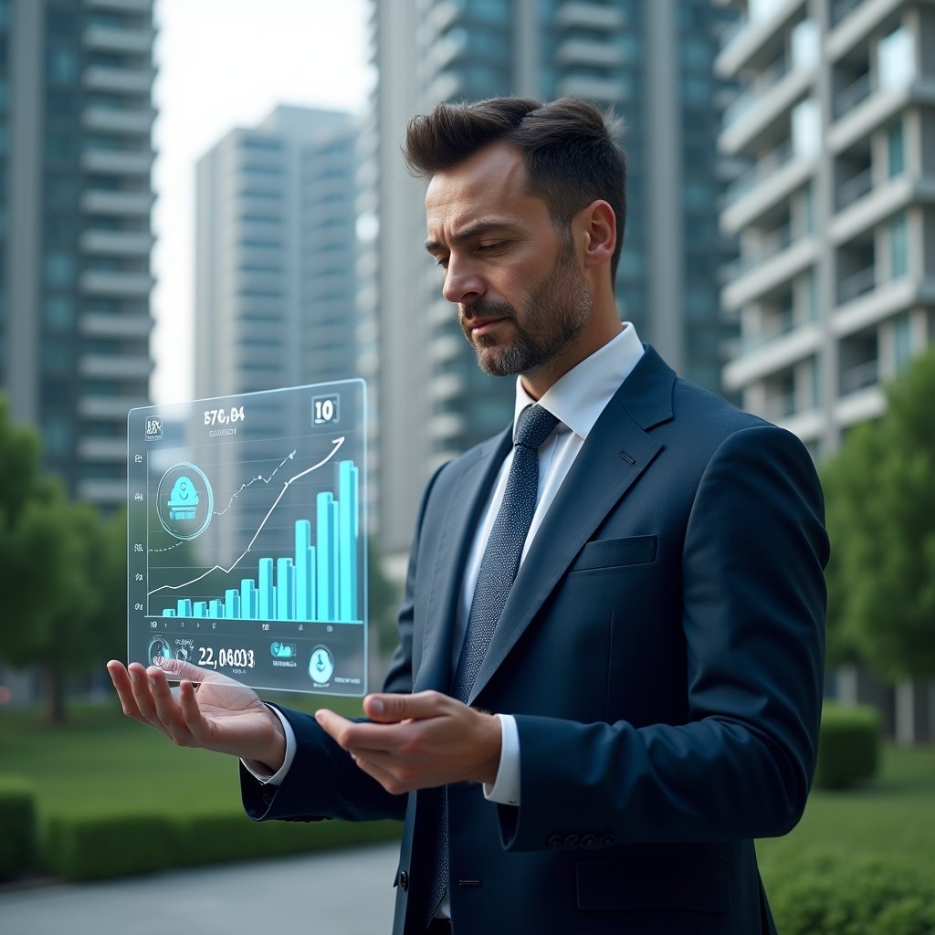(Ultra-realistic condominium manager in a dark blue suit, set in a modern luxury condominium environment with high-rise buildings and manicured green landscaping, reviewing a floating holographic cost chart showing decreasing expenses, confident and focused expression, holographic icons of coins and analytics graphs around them, cinematic lighting, shallow depth of field, highly detailed textures, realistic skin, photographic realism, 8k resolution --ar 1:1 --v 6)